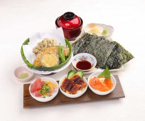 三種の手巻き寿司と秋野菜の天麩羅小うどん