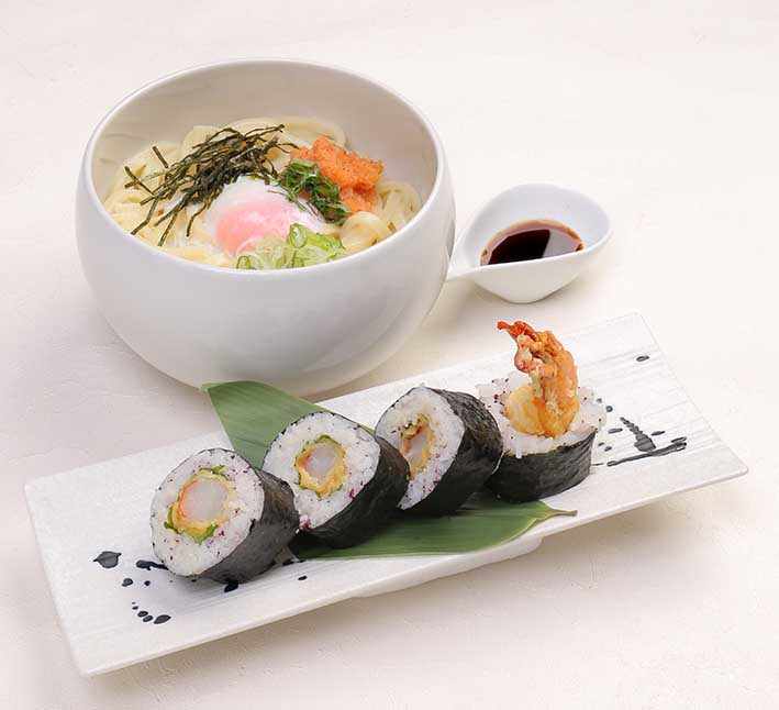 明太釜玉うどんと海老天巻き